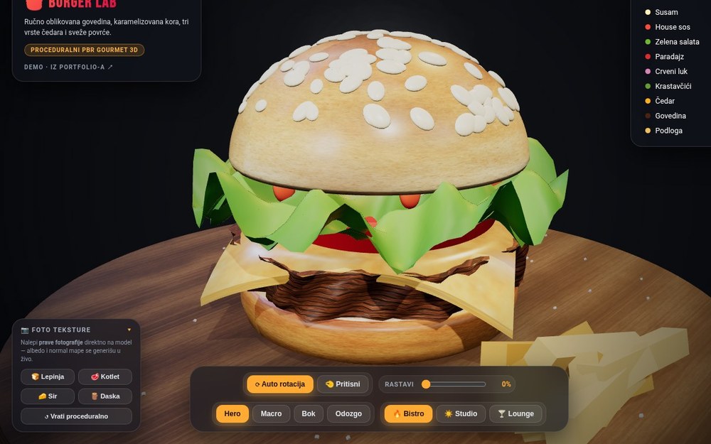Burger Lab — proceduralni 3D burger sajt